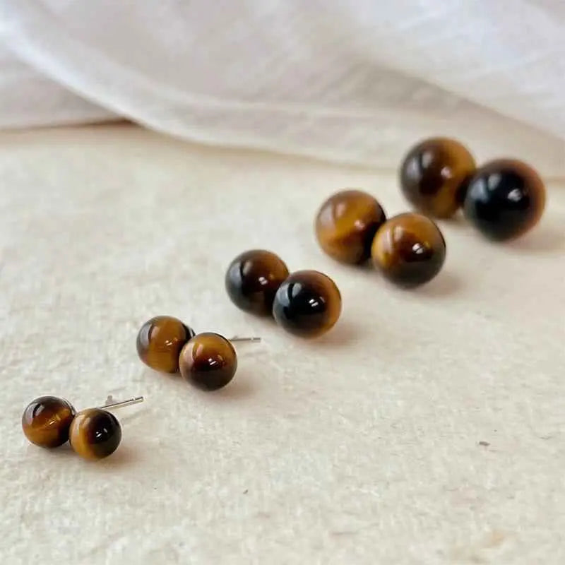 Fortune Jewel Simple Tiger Eye Retro Round Protection Stud Earrings