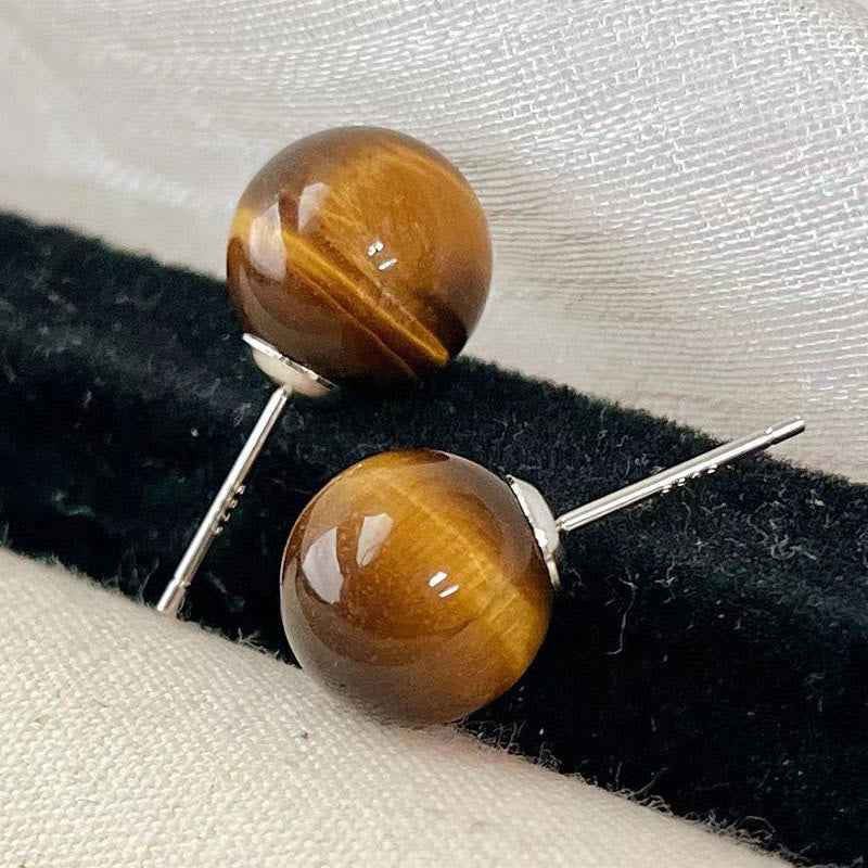 Fortune Jewel Simple Tiger Eye Retro Round Protection Stud Earrings