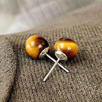 Fortune Jewel Simple Tiger Eye Retro Round Protection Stud Earrings