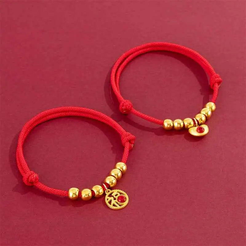 Fortune Jewel Red String Bead Yuanbao Fu Character Protection Adjustable Cats Dogs Pet Collar