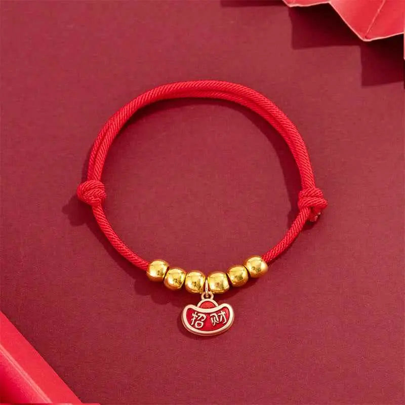 Fortune Jewel Red String Bead Yuanbao Fu Character Protection Adjustable Cats Dogs Pet Collar