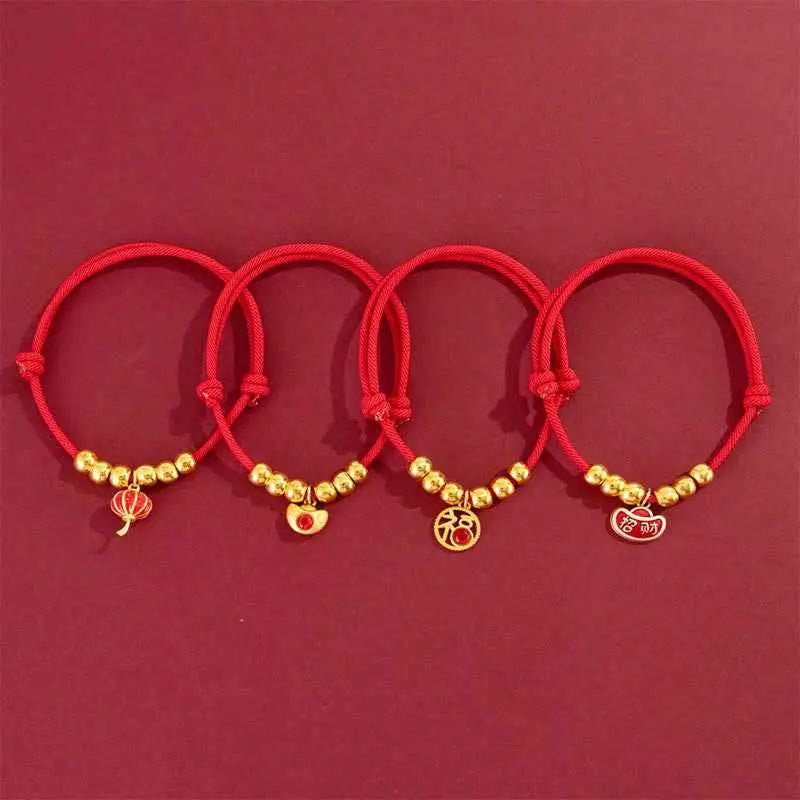 Fortune Jewel Red String Bead Yuanbao Fu Character Protection Adjustable Cats Dogs Pet Collar