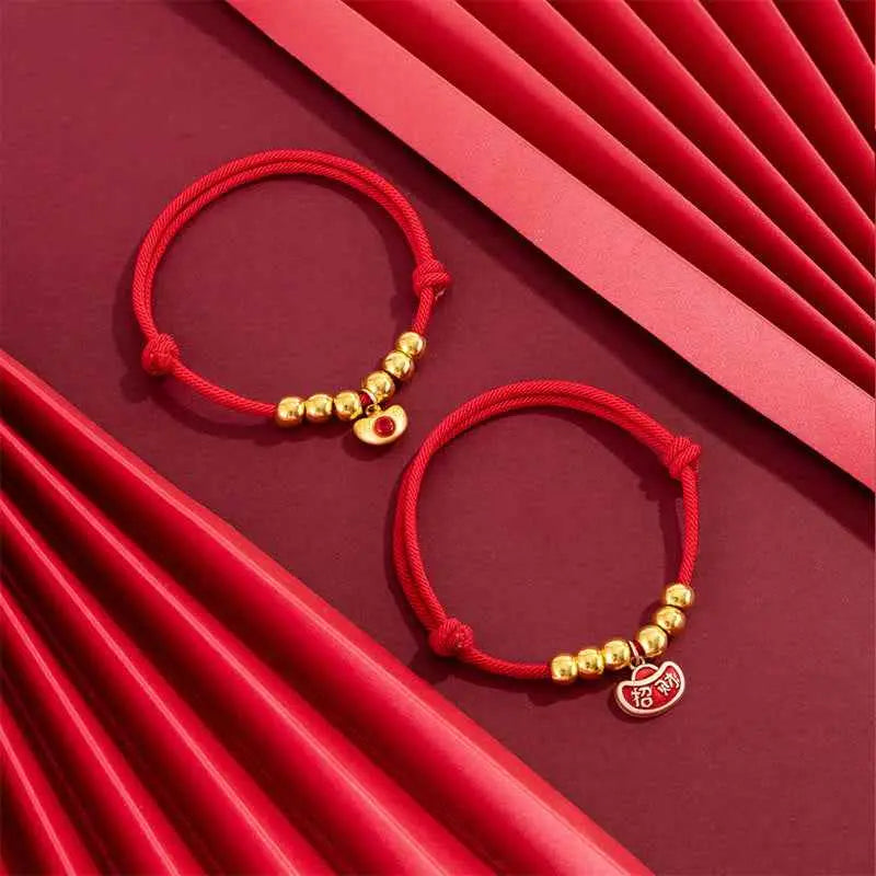 Fortune Jewel Red String Bead Yuanbao Fu Character Protection Adjustable Cats Dogs Pet Collar