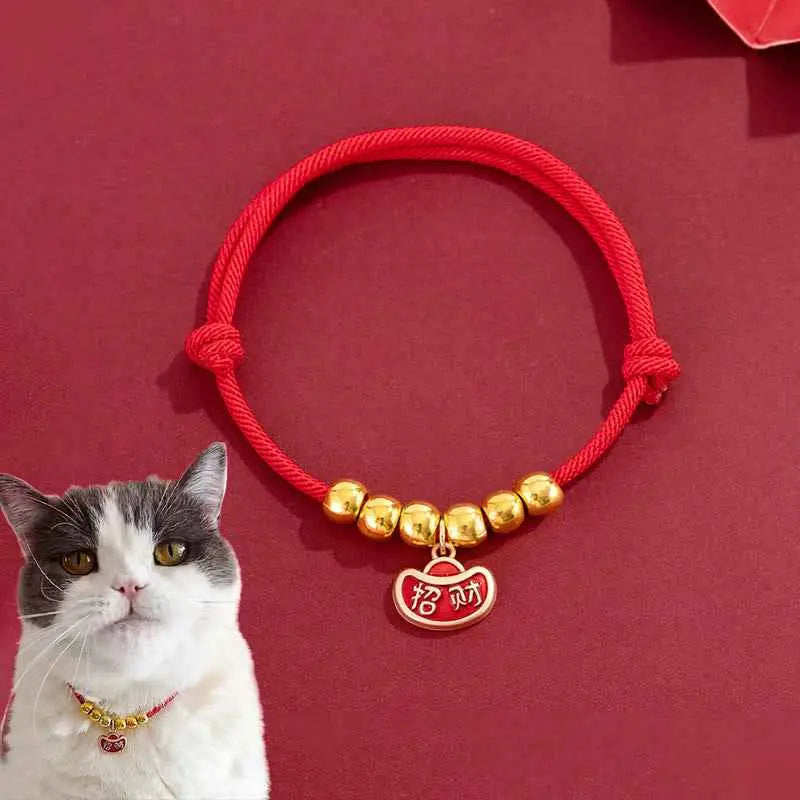 Fortune Jewel Red String Bead Yuanbao Fu Character Protection Adjustable Cats Dogs Pet Collar