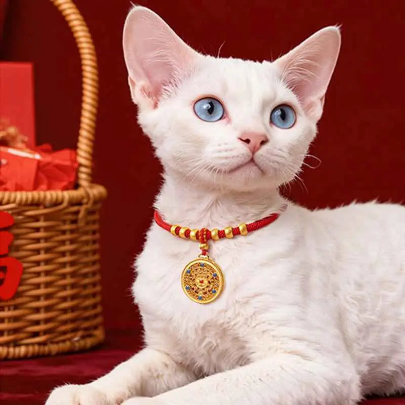 Fortune Jewel Red String Bead Compass Gourd Protection Adjustable Cats Dogs Pet Collar