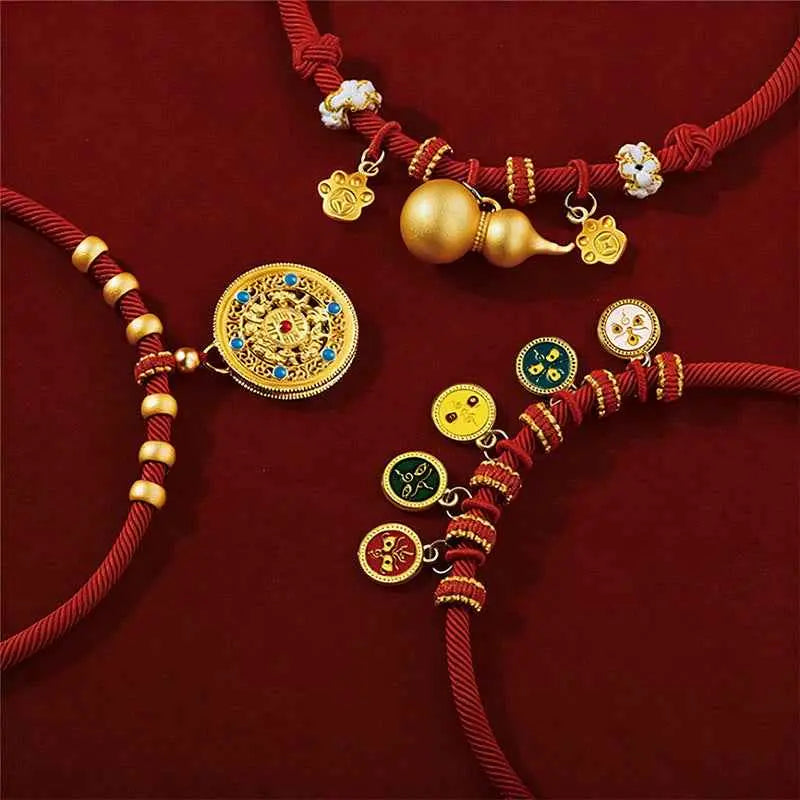 Fortune Jewel Red String Bead Compass Gourd Protection Adjustable Cats Dogs Pet Collar