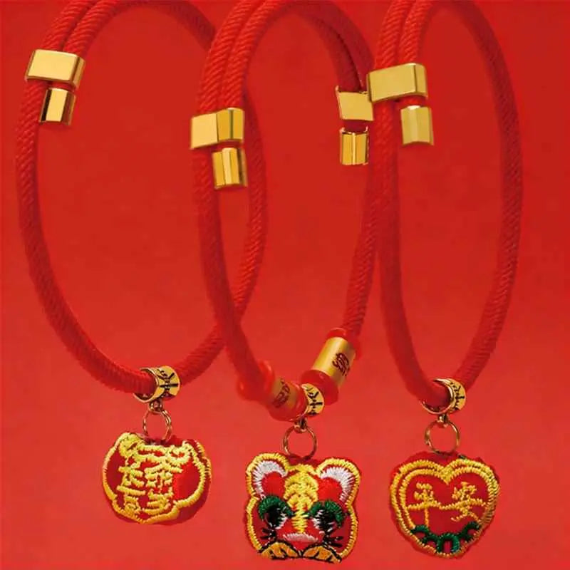 Fortune Jewel Red String Plaited Embroidery Tiger Fu Character Protection Adjustable Cats Dogs Pet Collar