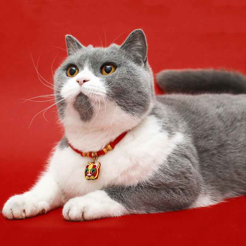 Fortune Jewel Red String Plaited Embroidery Tiger Fu Character Protection Adjustable Cats Dogs Pet Collar