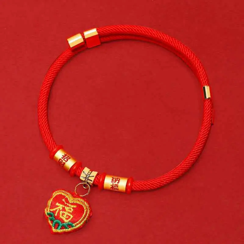 Fortune Jewel Red String Plaited Embroidery Tiger Fu Character Protection Adjustable Cats Dogs Pet Collar