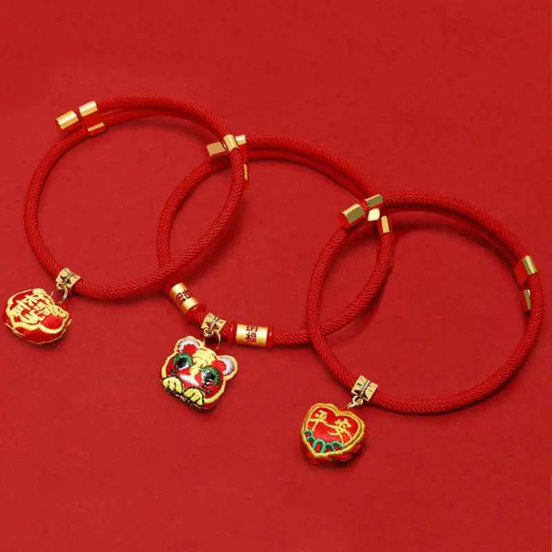 Fortune Jewel Red String Plaited Embroidery Tiger Fu Character Protection Adjustable Cats Dogs Pet Collar