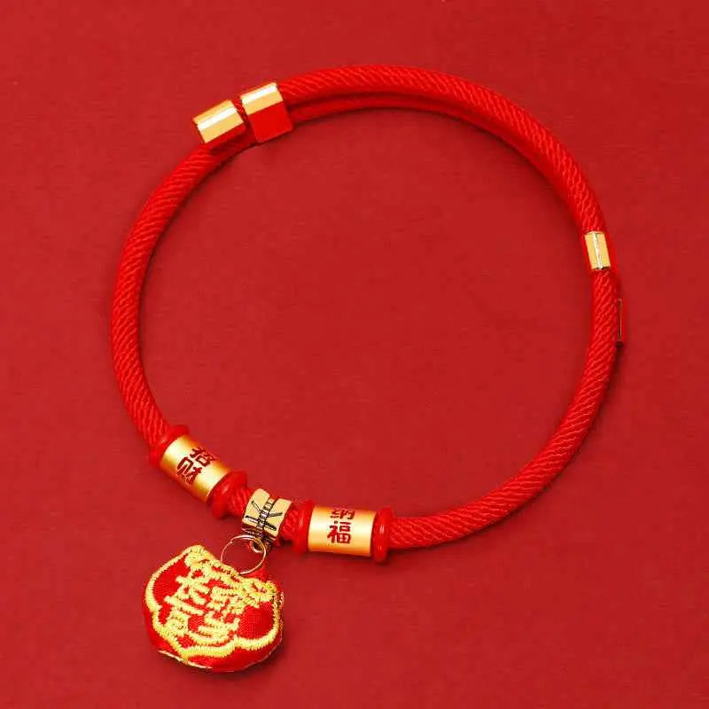 Fortune Jewel Red String Plaited Embroidery Tiger Fu Character Protection Adjustable Cats Dogs Pet Collar