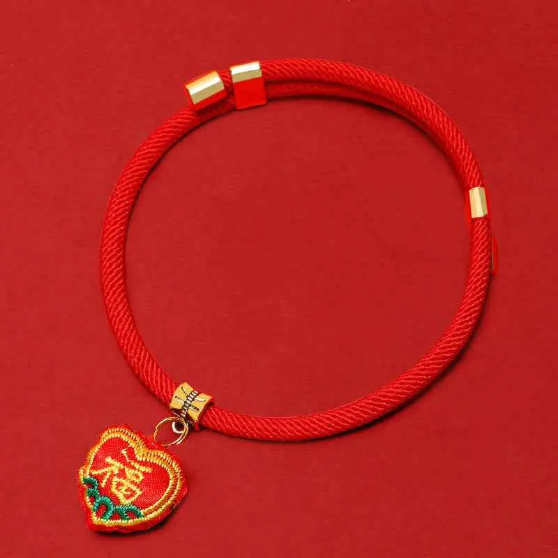 Fortune Jewel Red String Plaited Embroidery Tiger Fu Character Protection Adjustable Cats Dogs Pet Collar