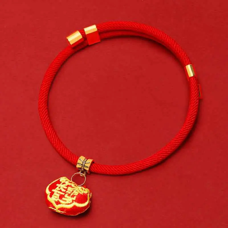 Fortune Jewel Red String Plaited Embroidery Tiger Fu Character Protection Adjustable Cats Dogs Pet Collar