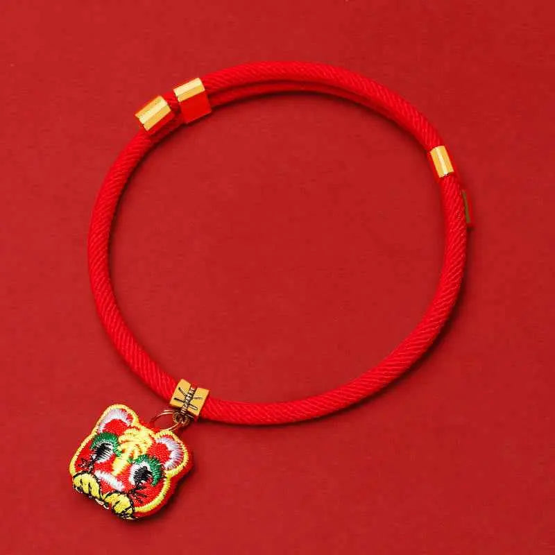 Fortune Jewel Red String Plaited Embroidery Tiger Fu Character Protection Adjustable Cats Dogs Pet Collar
