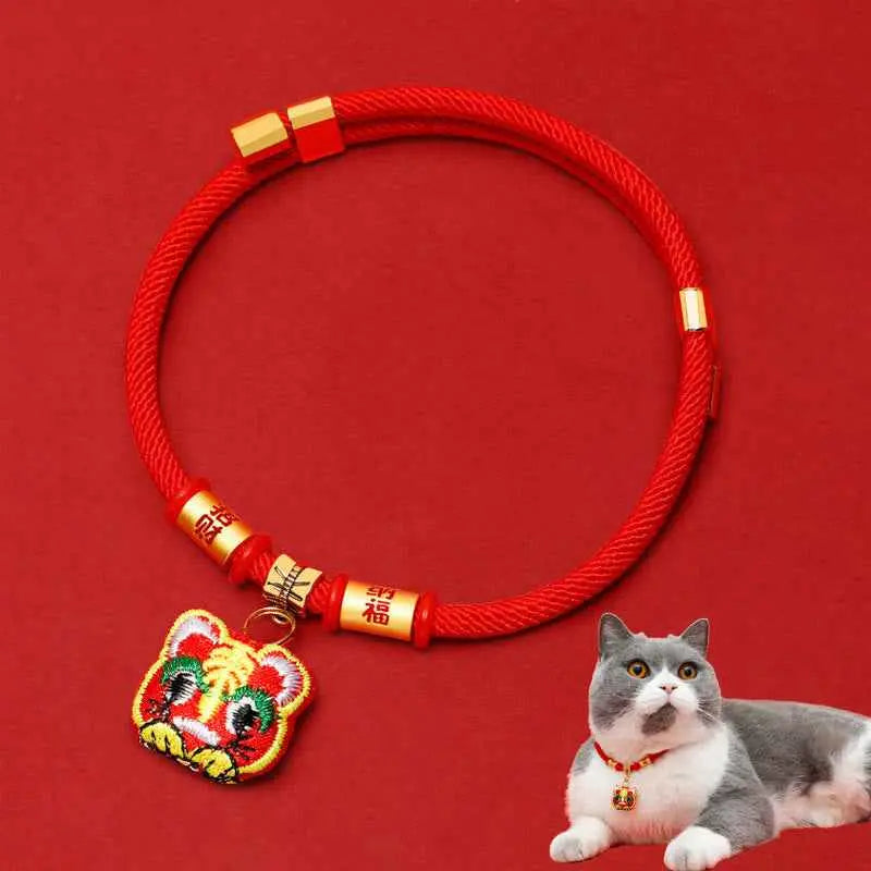 Fortune Jewel Red String Plaited Embroidery Tiger Fu Character Protection Adjustable Cats Dogs Pet Collar