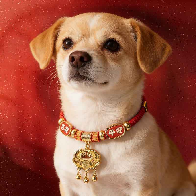 Fortune Jewel Red String Bead Fu Character Luck Adjustable Cats Dogs Pet Collar