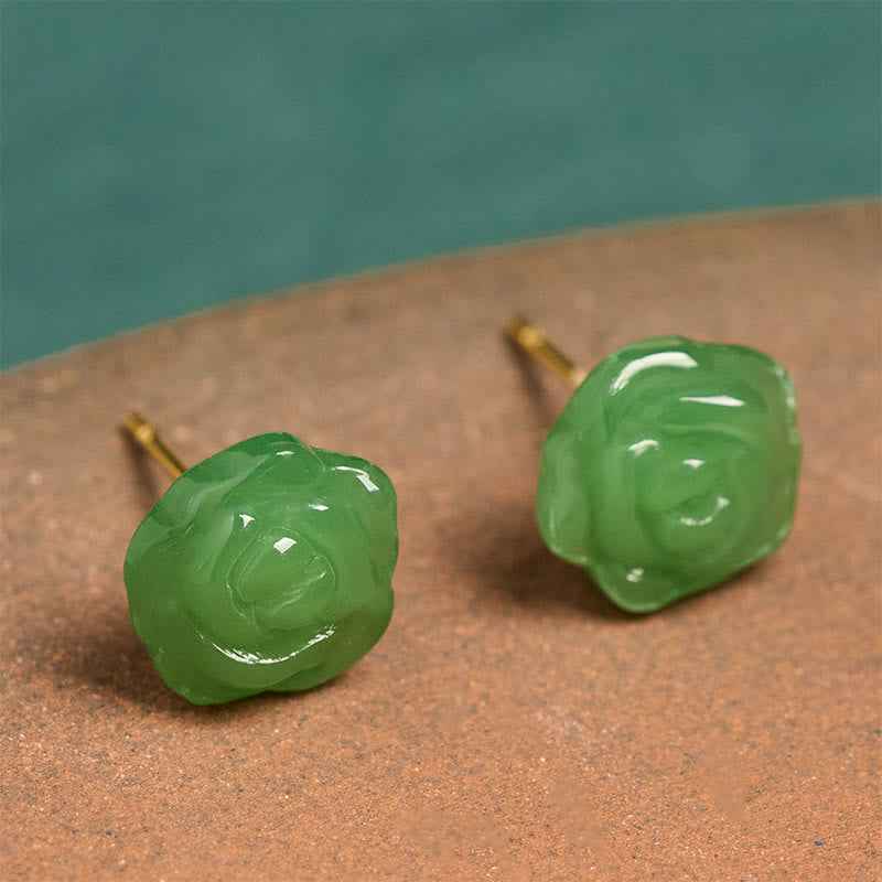 Fortune Jewel 925 Sterling Silver Green Chalcedony Rose Strength Courage Earrings