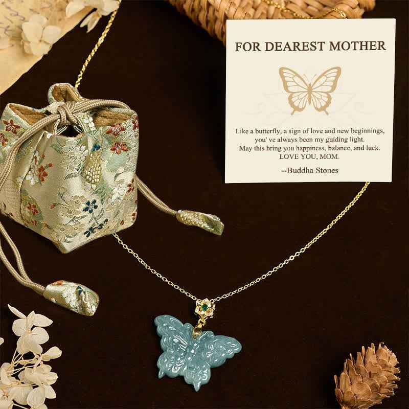Fortune Jewel "FOR DEAREST MOTHER" Jade Butterfly Abundance Necklace Pendants Includes Gift Message Card