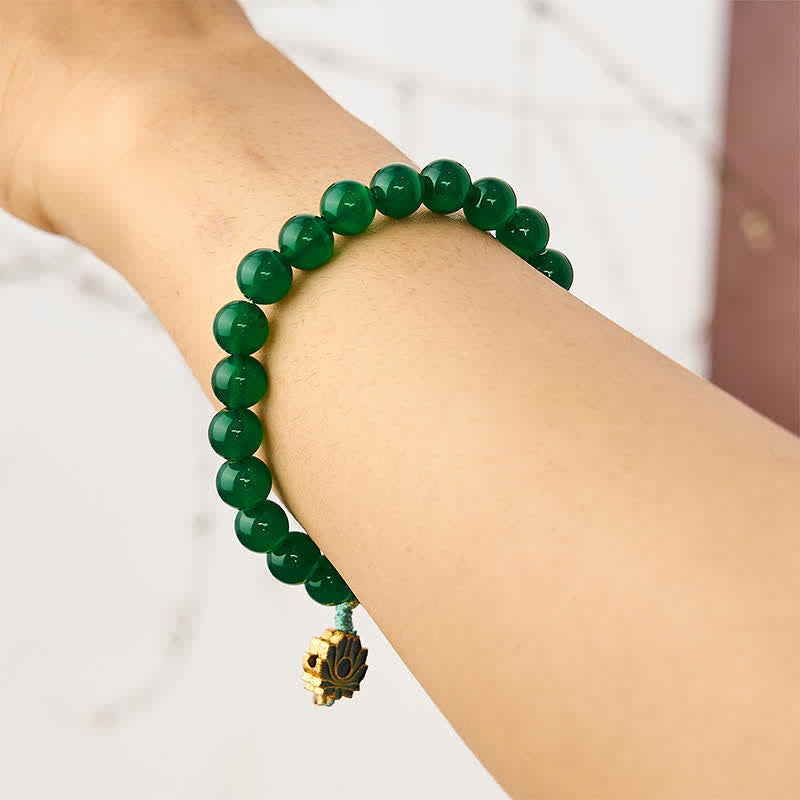 Fortune Jewel Natural Green Agate Yellow Agate Lotus Charm Success Beaded Bracelet