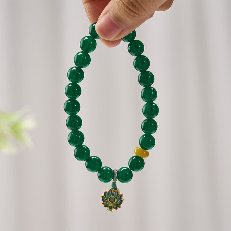 Fortune Jewel Natural Green Agate Yellow Agate Lotus Charm Success Beaded Bracelet