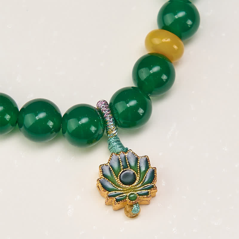 Fortune Jewel Natural Green Agate Yellow Agate Lotus Charm Success Beaded Bracelet