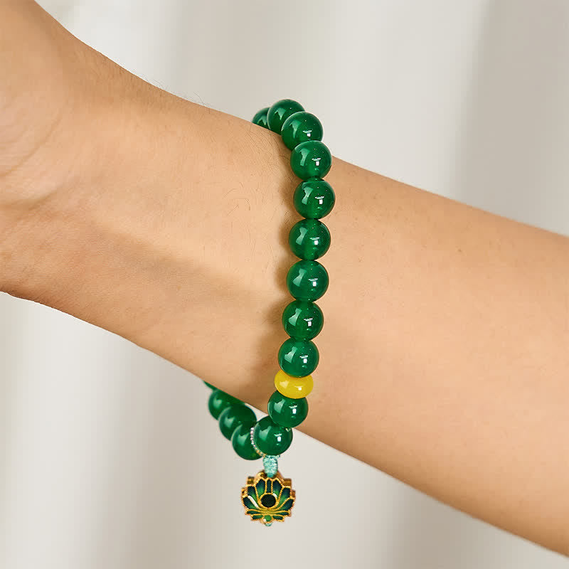Fortune Jewel Natural Green Agate Yellow Agate Lotus Charm Success Beaded Bracelet