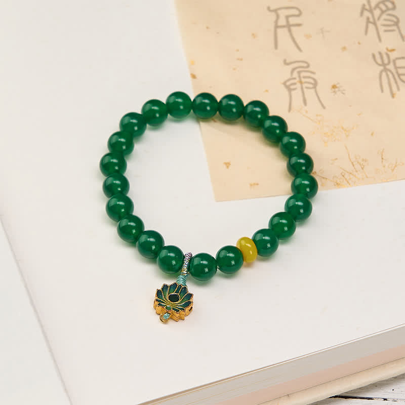 Fortune Jewel Natural Green Agate Yellow Agate Lotus Charm Success Beaded Bracelet