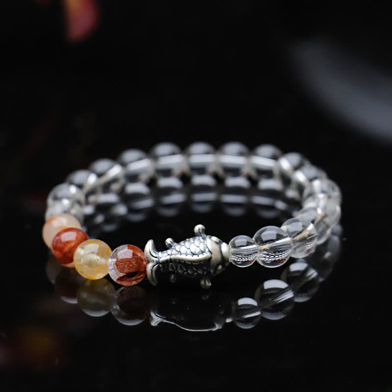 Fortune Jewel Clear Quartz 999 Sterling Silver Koi Fish Protection Bracelet