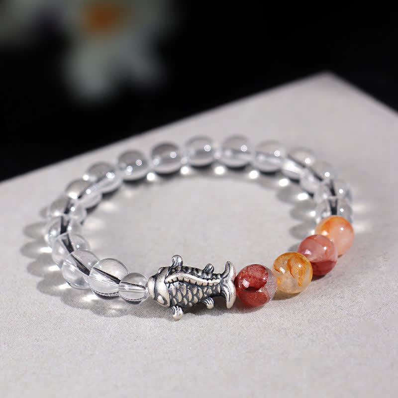 Fortune Jewel Clear Quartz 999 Sterling Silver Koi Fish Protection Bracelet