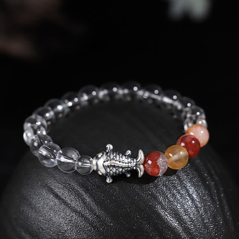 Fortune Jewel Clear Quartz 999 Sterling Silver Koi Fish Protection Bracelet