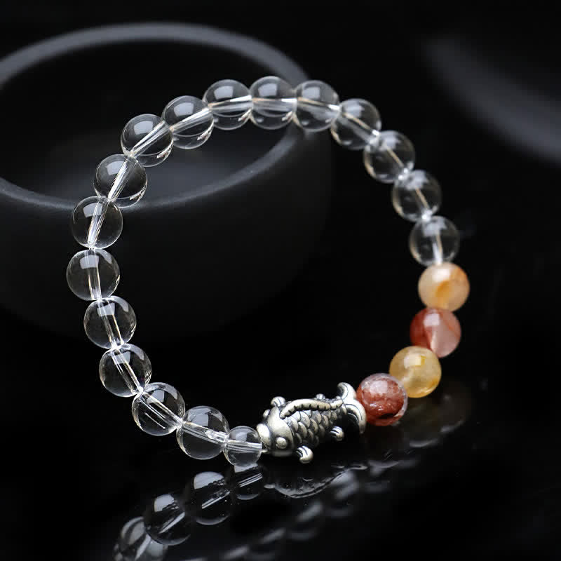 Fortune Jewel Clear Quartz 999 Sterling Silver Koi Fish Protection Bracelet
