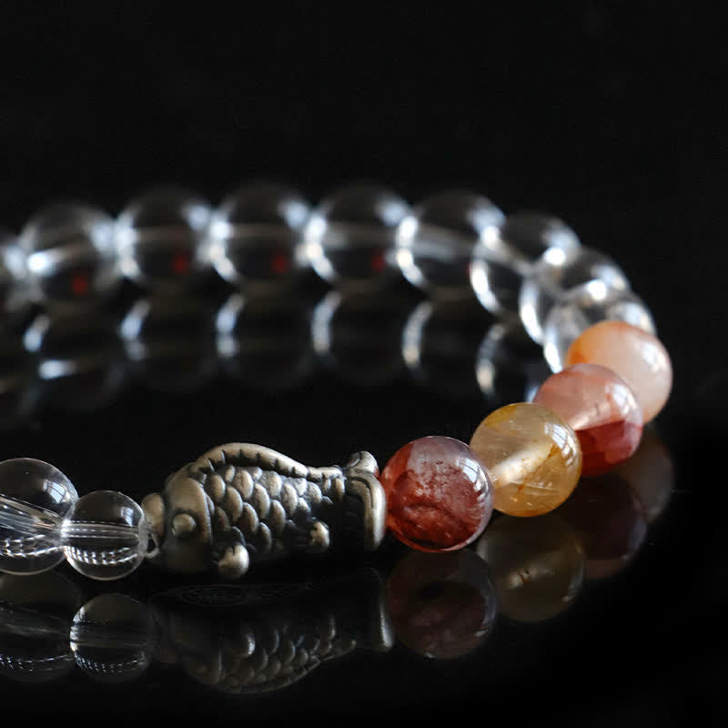 Fortune Jewel Clear Quartz 999 Sterling Silver Koi Fish Protection Bracelet