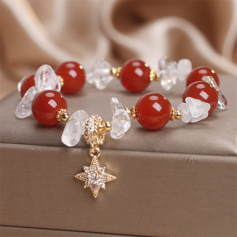 Fortune Jewel Natural Red Agate Clear Quartz Hexagram Charm Confidence Bracelet