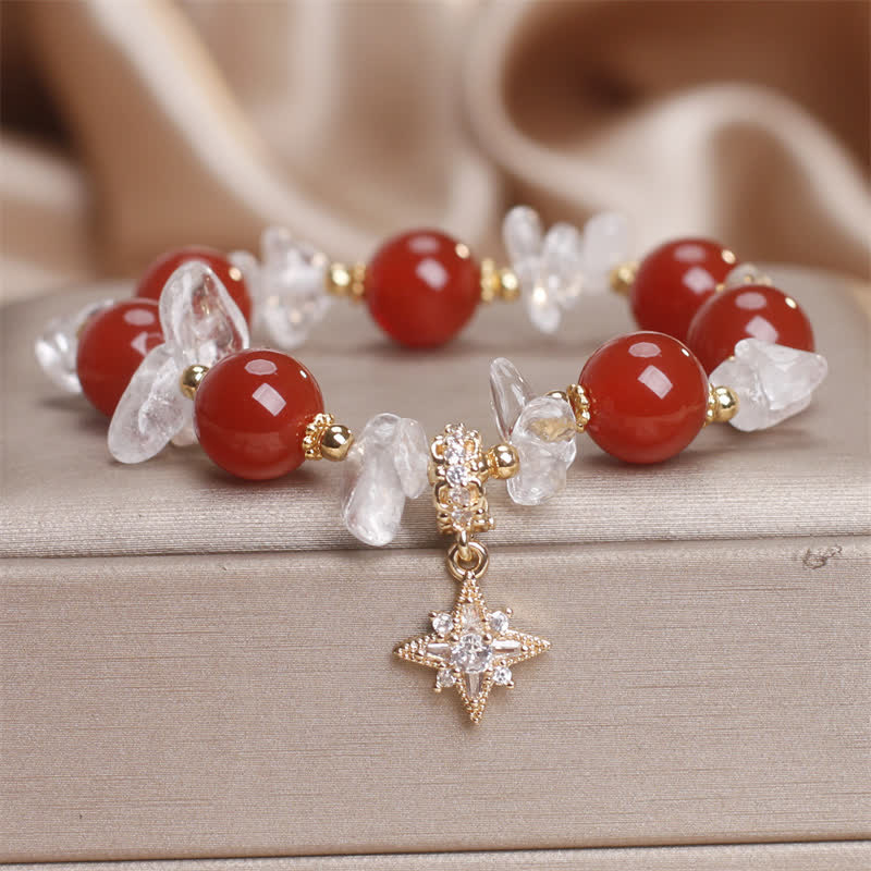 Fortune Jewel Natural Red Agate Clear Quartz Hexagram Charm Confidence Bracelet