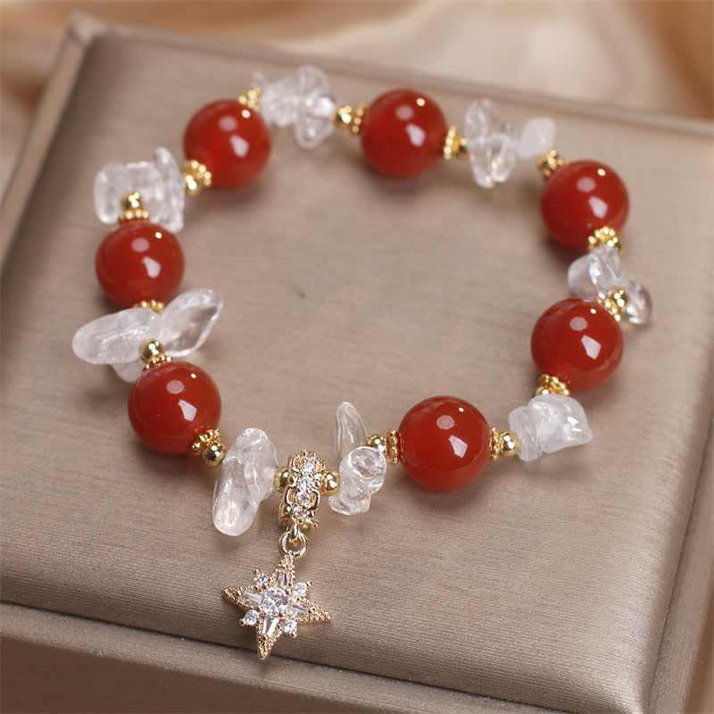 Fortune Jewel Natural Red Agate Clear Quartz Hexagram Charm Confidence Bracelet