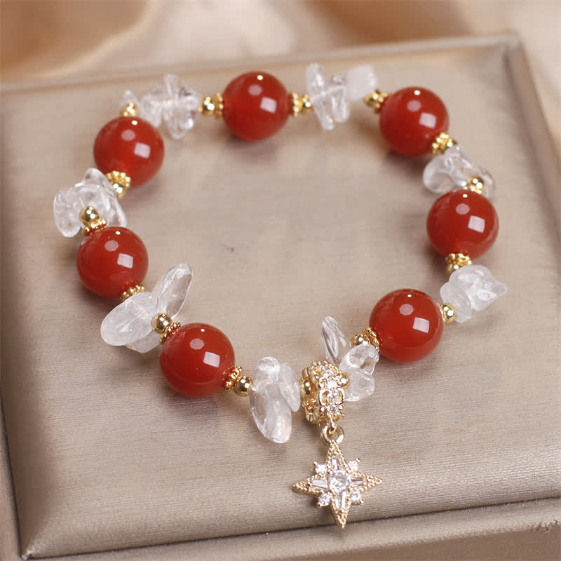 Fortune Jewel Natural Red Agate Clear Quartz Hexagram Charm Confidence Bracelet