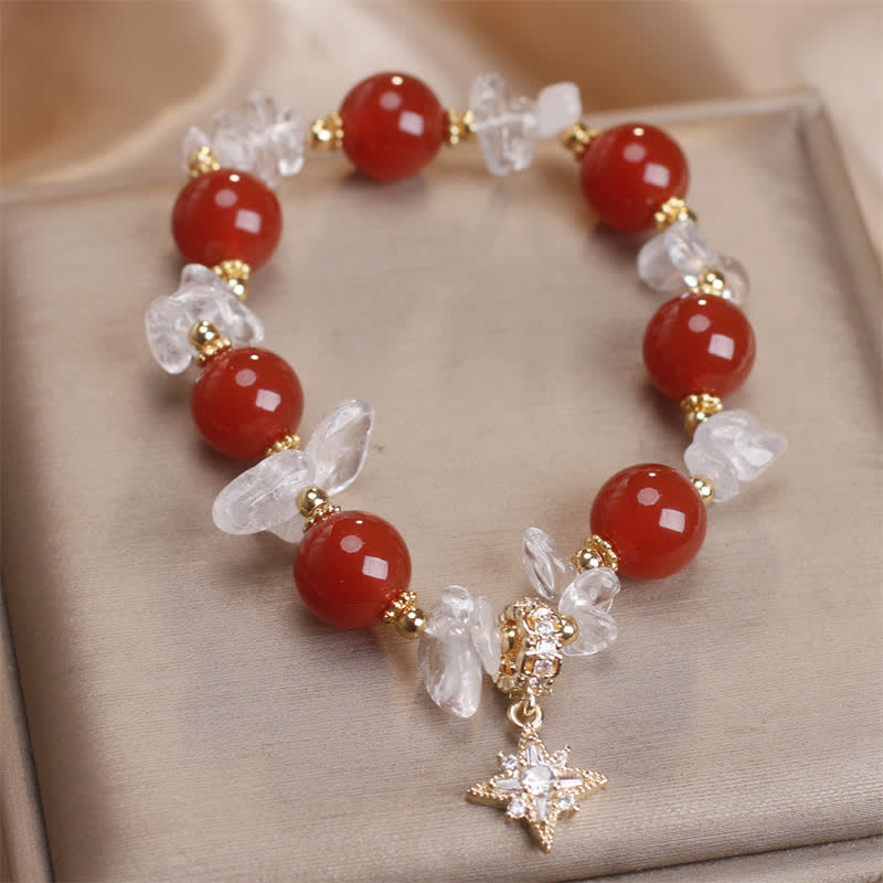 Fortune Jewel Natural Red Agate Clear Quartz Hexagram Charm Confidence Bracelet
