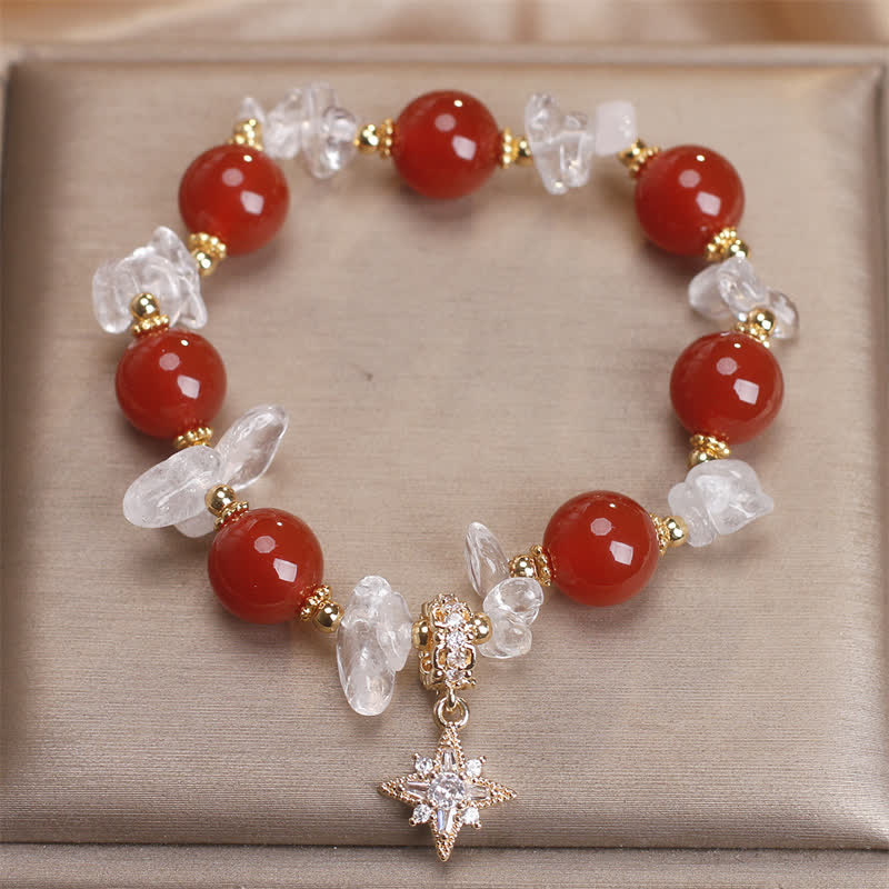 Fortune Jewel Natural Red Agate Clear Quartz Hexagram Charm Confidence Bracelet