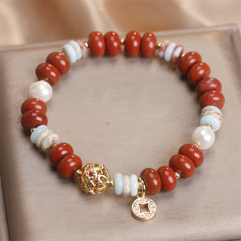Fortune Jewel Red Jasper Shoushan Stone Abacus Beads Copper Coin Protection Bracelet
