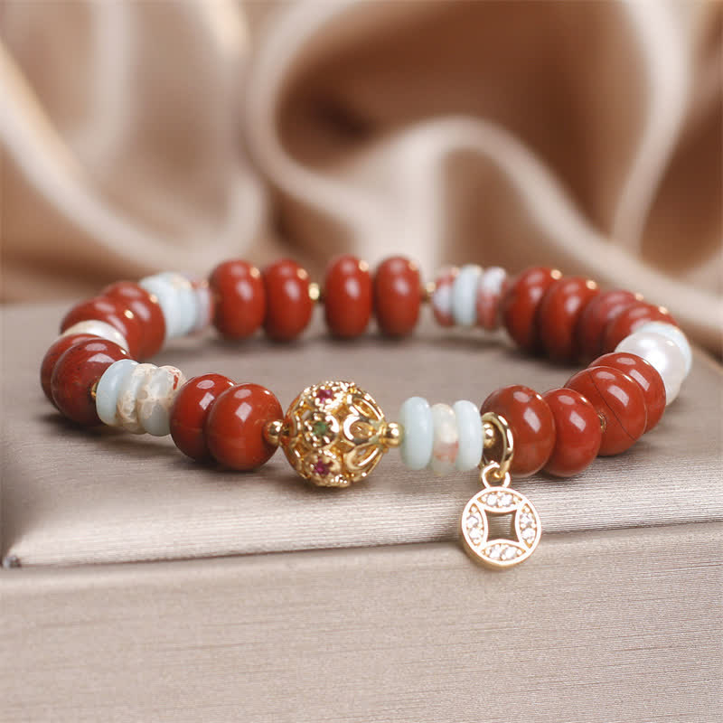 Fortune Jewel Red Jasper Shoushan Stone Abacus Beads Copper Coin Protection Bracelet