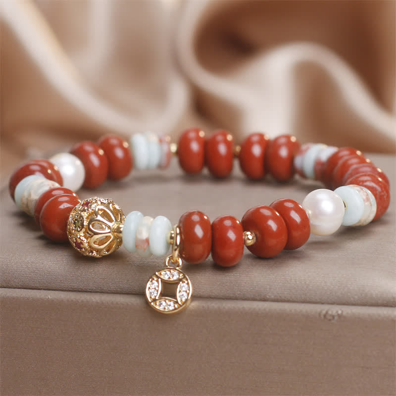 Fortune Jewel Red Jasper Shoushan Stone Abacus Beads Copper Coin Protection Bracelet