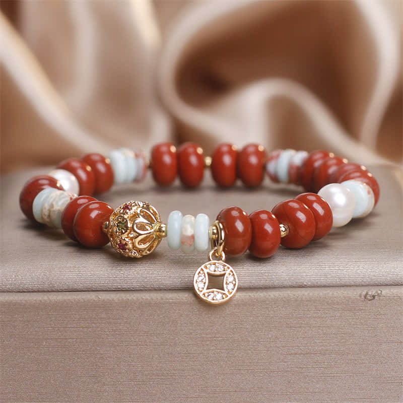 Fortune Jewel Red Jasper Shoushan Stone Abacus Beads Copper Coin Protection Bracelet