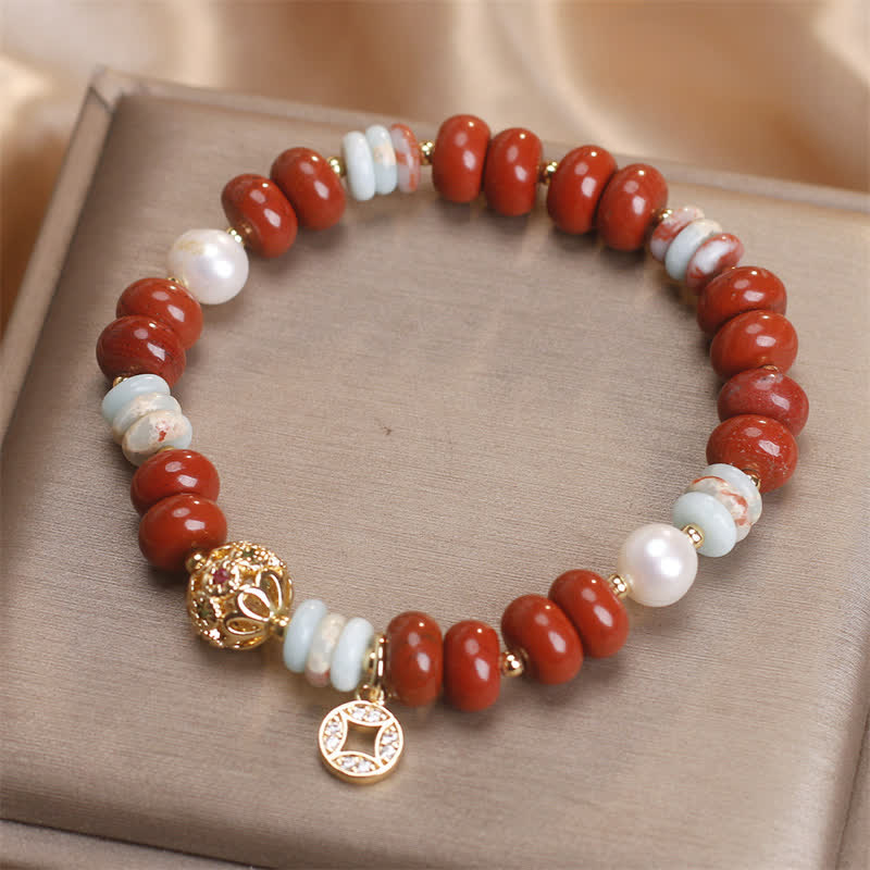 Fortune Jewel Red Jasper Shoushan Stone Abacus Beads Copper Coin Protection Bracelet