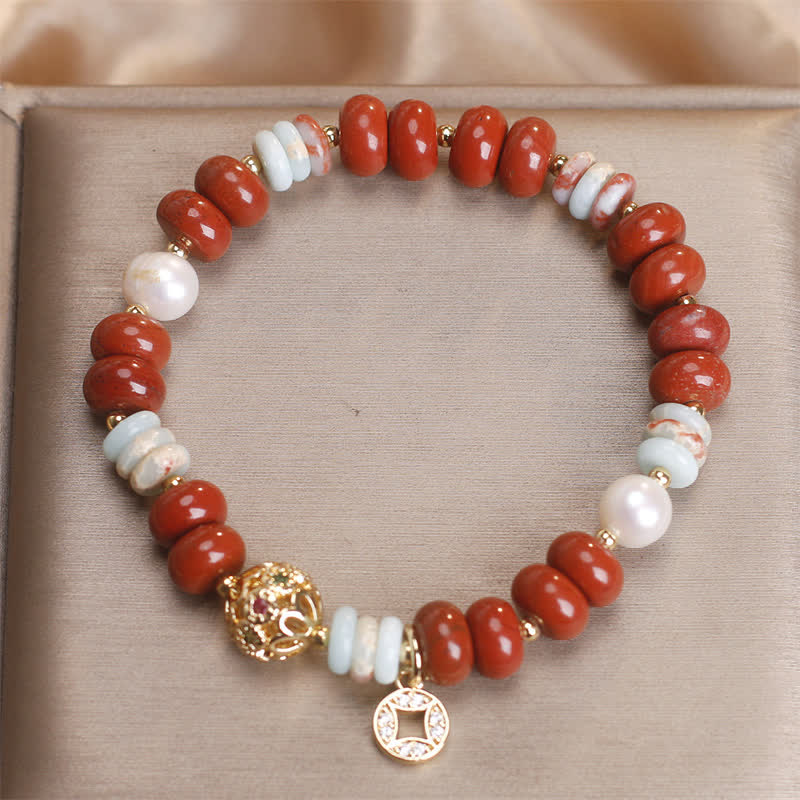 Fortune Jewel Red Jasper Shoushan Stone Abacus Beads Copper Coin Protection Bracelet