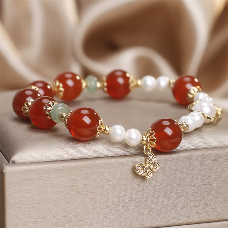 Fortune Jewel Natural Red Agate Pearl Butterfly Self-acceptance Bracelet