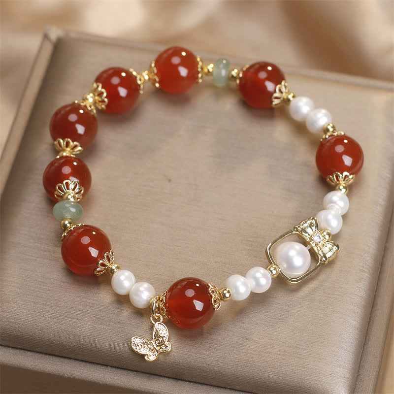 Fortune Jewel Natural Red Agate Pearl Butterfly Self-acceptance Bracelet