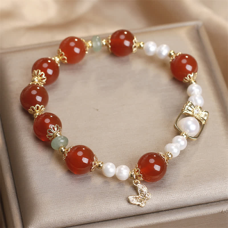 Fortune Jewel Natural Red Agate Pearl Butterfly Self-acceptance Bracelet