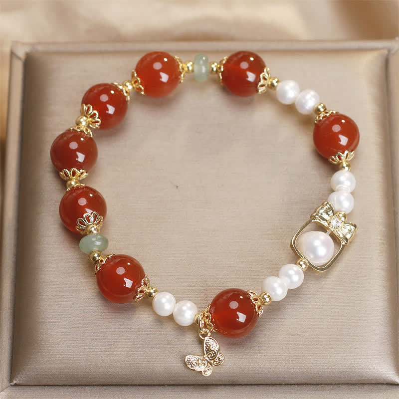 Fortune Jewel Natural Red Agate Pearl Butterfly Self-acceptance Bracelet
