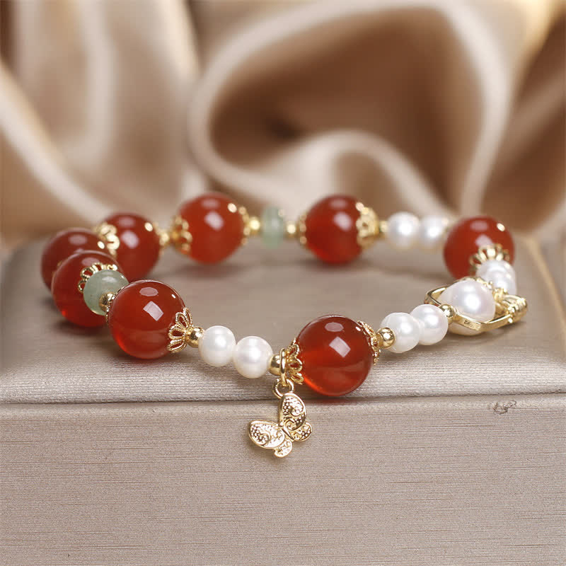 Fortune Jewel Natural Red Agate Pearl Butterfly Self-acceptance Bracelet