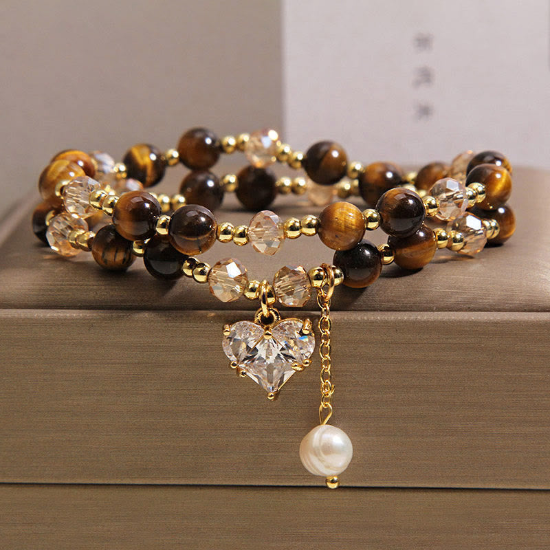 Fortune Jewel Natural Tiger Eye Love Heart Double Wrap Protection Bracelet